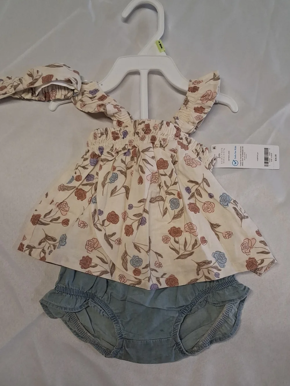 NWT Baby Floral Ruffle Tank Top & Bloomers Set - Cream with Blue & Brown Roses